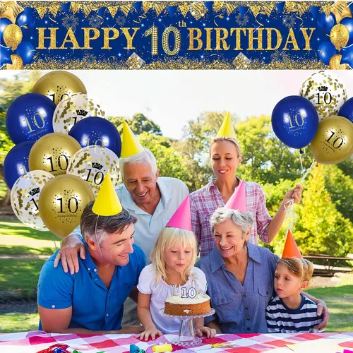 Vista 7 de Decoraciones de cumpleaños número 10 para niños pequeños, niños y niñas, azul marino y dorado, pancarta de fiesta de feliz cumpleaños de 18 piezas