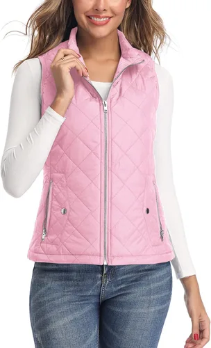 Vista 11 de LONGKING Chaleco de mujer, cuello alto, ligero, con cremallera, acolchado para mujer Rosa albaricoque