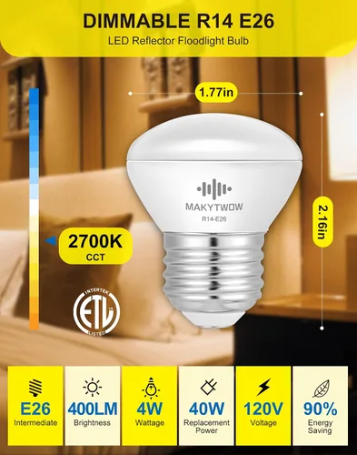 Vista 2 de Bombilla LED R14 4W E26 Base 2700K Blanco Cálido Regulable Mini LED Reflector Bombilla 40W Equivalente 400 Lúmenes 4 Pack