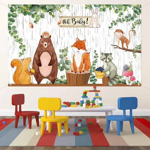 Vista 5 de Cartel de fondo de baby shower con temática de animales de la selva, decoración de fiesta de baby shower, criatura del bosque, fondo de fotografía