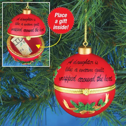 Vista 3 de Collections Etc Adornos navideños con cita conmovedora y colgador dorado, compartimento interior para regalo pequeño, hermana