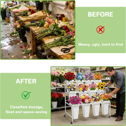 Vista 6 de Soporte de exhibición de flores de metal de 3 niveles, carrito móvil resistente para plantas de flores con 12 cubos y ruedas con cerradura, estante