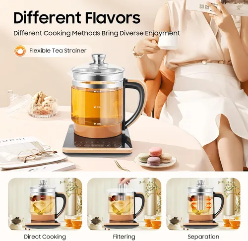 Vista 7 de Hervidor de té eléctrico con control de temperatura e infusor de té, 12 modos de preparación, hervidor de agua caliente de vidrio borosilicato