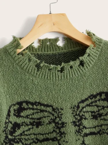 Vista 4 de SHENHE Suéter de cuello redondo rasgado con patrón de esqueleto de gran tamaño para mujer