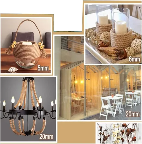 Vista 5 de Cuerda de cáñamo 100% natural de yute cuerda de cáñamo fuerte para manualidades, jardinería, hamaca, decoración, cuerda duradera de 0.236 in, 0.315