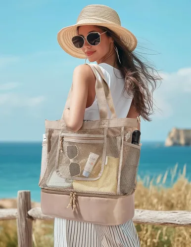 Vista 2 de BAGSMART Bolsa de playa para mujeres, bolsas de malla tipo tote con cremallera, esenciales de vacaciones a prueba de arena con enfriador