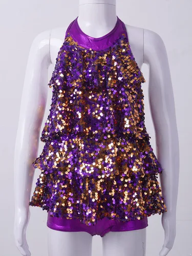 Vista 3 de Agoky Vestido de baile de ballet brillante para niños y niñas, trajes de baile latino modernos, trajes de baile para escenario, ropa deportiva