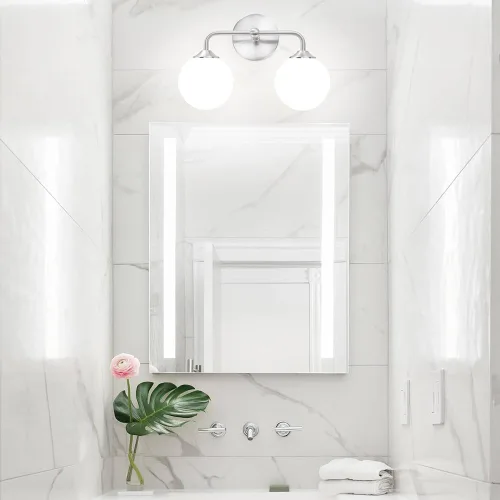 Vista 2 de Luces modernas de tocador de baño de níquel cepillado de 2 luces, accesorios de iluminación de baño sobre espejo con pantalla de globo de vidrio