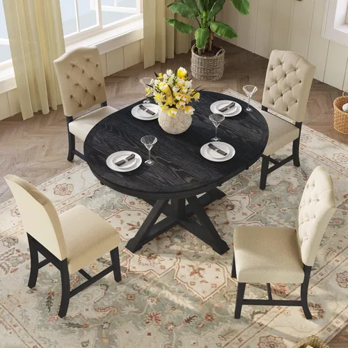 Vista 2 de Farmhouse - Juego de mesa de comedor de 5 piezas, mesa de comedor redonda extensible con 4 cómodas sillas tapizadas, juego de muebles funcionales