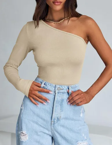 Vista 2 de ZESICA Camisetas de manga larga con un hombro para mujer, camisetas básicas ajustadas y ligeras de punto acanalado para otoño 2023