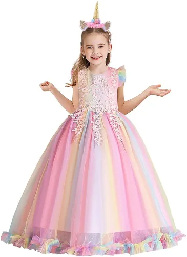 Vista 3 de HOIZOSG Vestido de tul de unicornio arcoíris para niñas cumpleaños Halloween Navidad concurso de baile fiesta con diadema