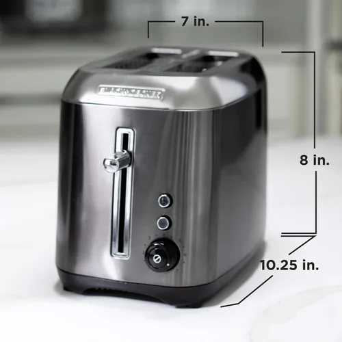 Vista 7 de Black & Decker Tostadora de 2 rebanadas con función de botón de ranura extra ancha, selector de sombra y bandeja de migas abatible, negro/acero