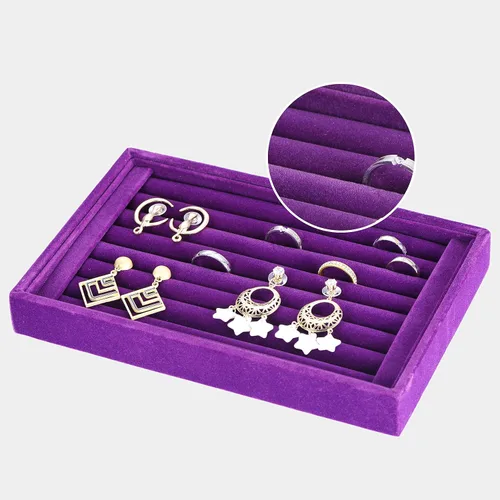 Vista 3 de Bandejas de terciopelo con 7 ranuras para anillos y aretes, escaparate, organizador de joyas (morado)