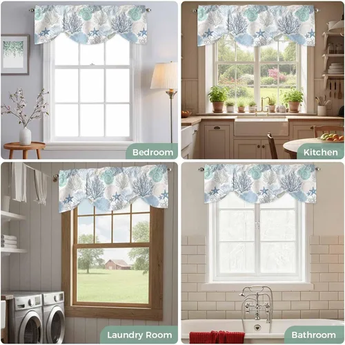 Vista 6 de Cenefa de amarre para ventanas, cortinas náuticas costeras de coral, cenefas con bolsillo para barra, cortinas de ventana con temática de playa