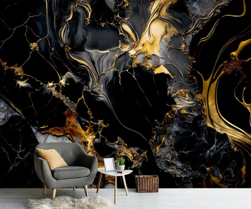 Vista 3 de Papel pintado abstracto de mármol negro y dorado Zz05