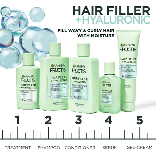 Vista 5 de Garnier Fructis Hair Filler Champú reparador de humedad, champú sin sulfato para cabello rizado y ondulado con ácido hialurónico, 10.1 onzas