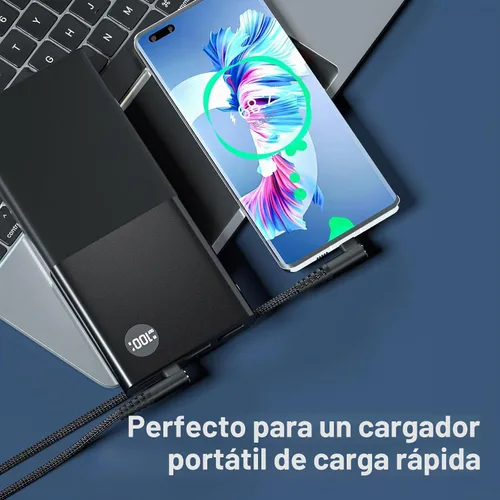 Vista 8 de Cable USB C a USB C de 100 W, 1 pie de 90 grados, nailon trenzado de carga
