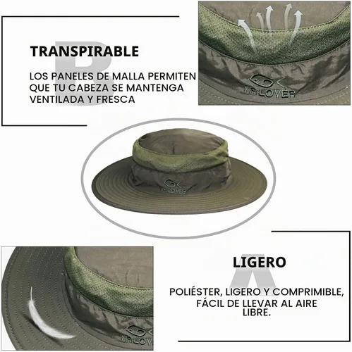 Vista 3 de YR.Lover Gorra de pesca de ala ancha con protección solar UV para exteriores con solapa extraíble