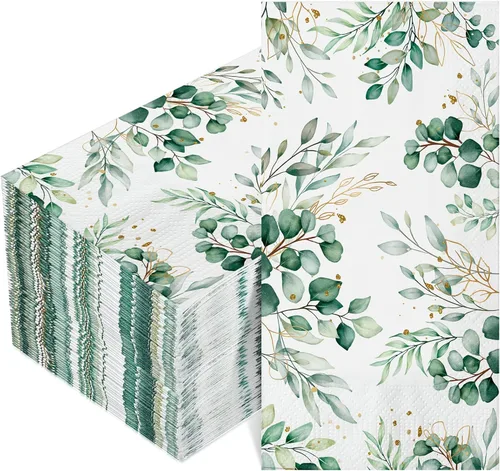 Vista 8 de 100 servilletas de eucalipto desechables de 3 capas de papel de hojas de eucalipto, toallas de invitados, servilletas de cóctel, papel verde