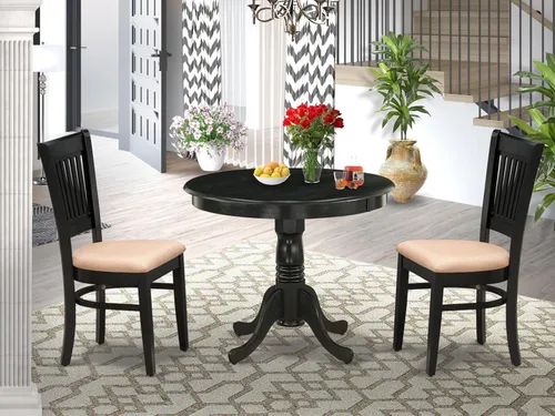 Vista 2 de East West Furniture ANVA3-BLK-C - Juego de mesa de comedor moderno de 3 piezas que contiene una mesa de cocina redonda con pedestal y 2 sillas