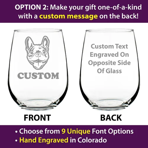 Vista 3 de Happy Frenchie - Copa de vino sin tallo, bonitos regalos temáticos de bulldog francés o decoración de fiesta para mujeres y hombres, vasos grandes