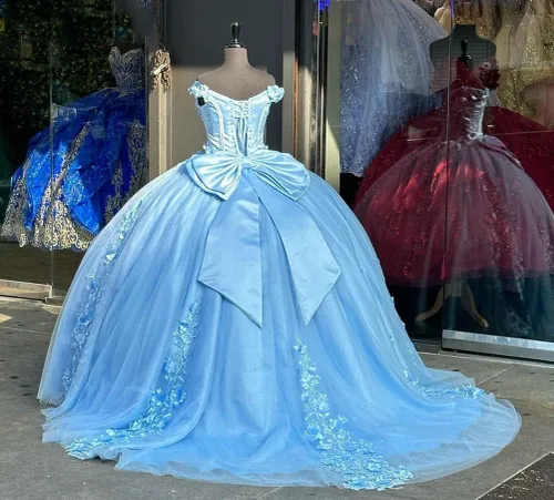 Vista 2 de Mouccy Preciosos vestidos de quinceañera con hombros descubiertos, vestido de bola hinchado con cuentas vestidos de fiesta de encaje dulce 15 16