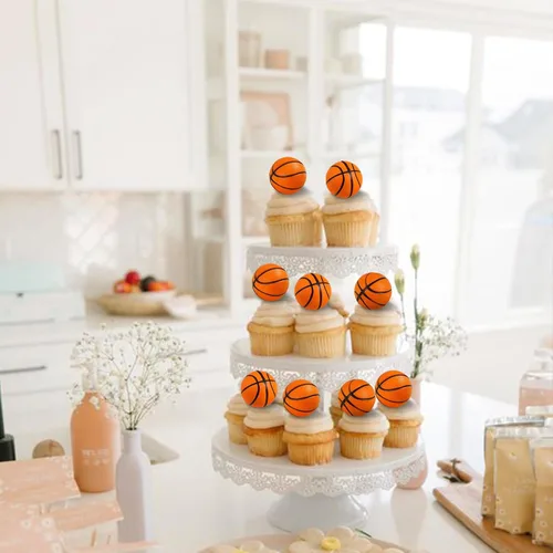 Vista 6 de Rsstarxi Paquete de 12 adornos 3D para cupcakes de baloncesto para decoración de tartas de baloncesto para temática deportiva, baby shower, fiesta