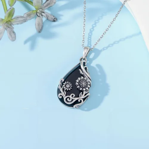 Vista 4 de Collar de margaritahibiscolotorosapeoníagirasol, plata de ley 925, lágrima, ónix negro, joyería de flores vintage, regalos para mujeres