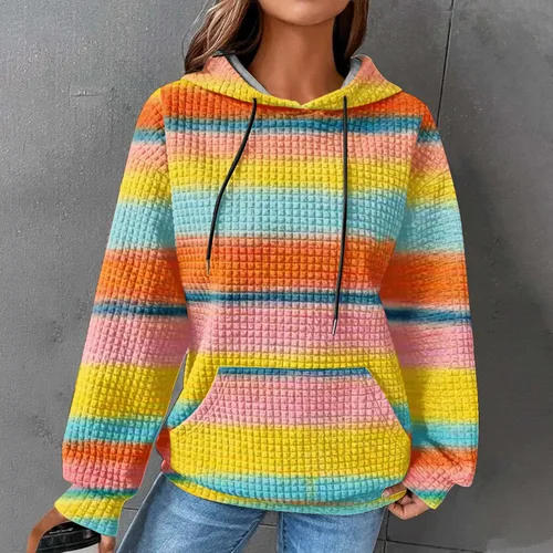 Vista 2 de Womens Hoodies Casual Long Sleeve Drawstring Waffle Pullover Tops Loose Sweatshirt with Pocket Fall Clothes
