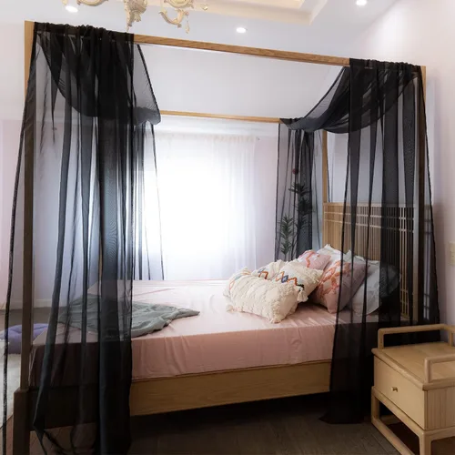 Vista 6 de Linentalks Cortinas de cama negras para cama Queen y matrimonial, bufanda de cama, cenefa transparente, cortinas de cama con toldo de cuatro postes