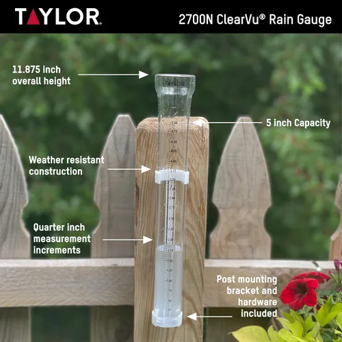 Vista 2 de Taylor ClearVu - Medidor de lluvia de 5 pulgadas con soporte de montaje de poste