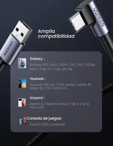 Vista 7 de UGREEN Cable USB C de ángulo recto, cable USB A a USB C de 90 grados tipo C compatible con iPhone 16/16 Plus/16 Pro/16 Pro Max/15, Galaxy