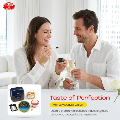 Vista 6 de OLMA Hackleback Sturgeon Caviar - Juego de regalo de caviar de esturión – Incluye 8.82 oz de huevas de pescado Hackleback, Mini Blinis, Creme
