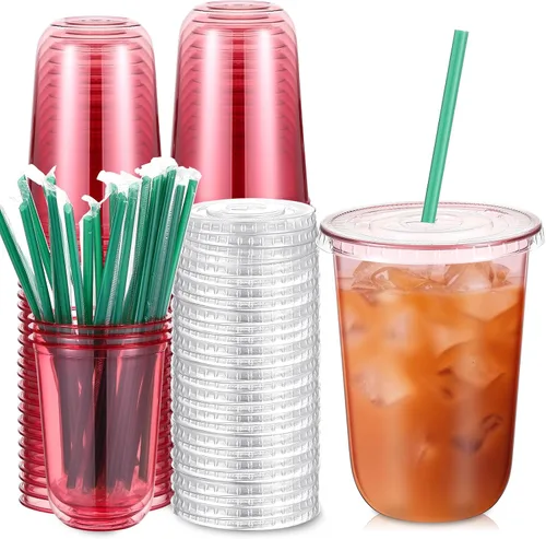 Vista 16 de Baderke Juego de 25 vasos de plástico con tapas y pajitas, tazas de plástico desechables para café helado, jugo, batido, cristal para cafeterías