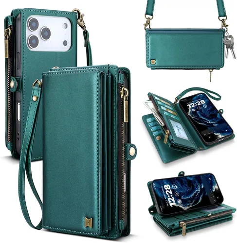 Vista 48 de Funda tipo cartera para iPhone 16 Pro Max con 8 tarjeteros, bloqueo RFID, piel sintética, función atril, abatible, correa de muñeca y correa