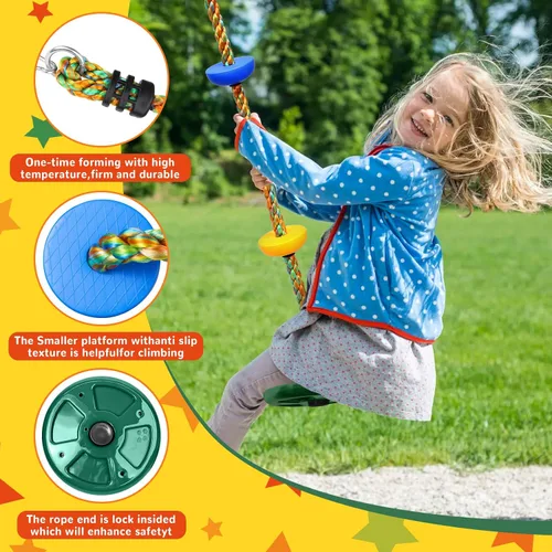 Vista 4 de Columpio de árbol para niños, juego de cuerda de escalada de asiento de un solo disco resistente con correa para colgar y mosquetones de plataforma