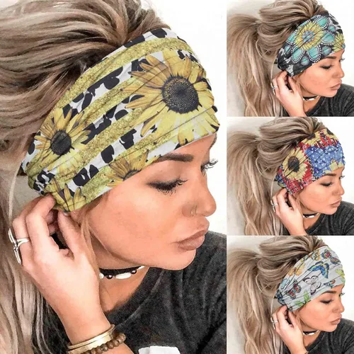 Vista 10 de Olbye Diademas bohemias anchas elásticas y antideslizantes para mujer y niña - para entrenamiento, yoga, correr, banda para el sudor, pañuelos