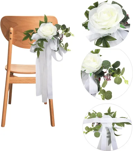 Vista 6 de FQQWEE - 6 piezas de decoración para sillas de pasillo de boda, rosas blancas, flores de respaldo de silla de boda con hojas y cintas, silla