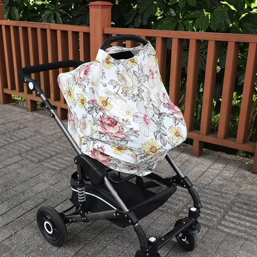 Vista 6 de Funda floral para asiento de automóvil para bebé, toldo para asiento de automóvil, elástico multiuso para cochecito, silla alta, carrito de compras