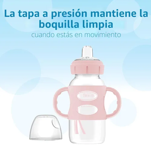 Vista 4 de Dr. Brown's Botella de transición de cuello ancho con asas de silicona de 9 oz/9.1 fl oz, rosa, paquete de 1
