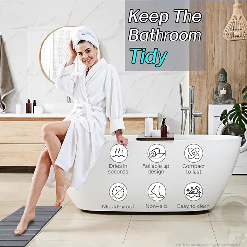 Vista 3 de Paquete de 1 tapete de baño plegable de piedra para baño, tapete de baño gris súper absorbente de tierra de diatomeas, alfombra de ducha
