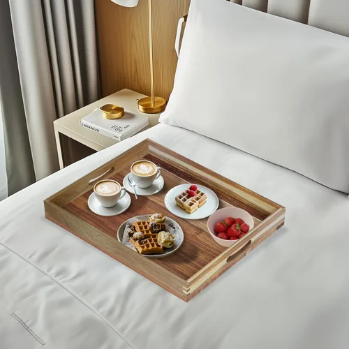 Vista 6 de MAONAME Bandeja otomana extra grande, bandeja de servir de madera de acacia de 22 x 18 pulgadas con asas, bandejas decorativas de madera