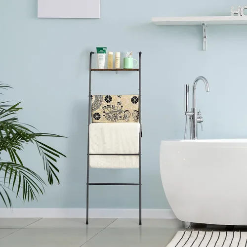 Vista 3 de Soporte de Escalera para Mantas para Sala de Estar Estilo Granja, Soporte Decorativo de Escalera con Estante de Almacenamiento, Perchero de Pared