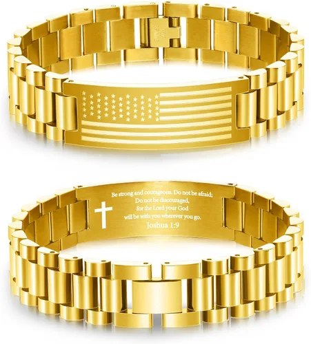 Vista 21 de P. BLAKE Pulsera con versículo bíblico de la bandera estadounidense para hombres, pulsera de acero inoxidable grabada de las Escrituras, religiosa
