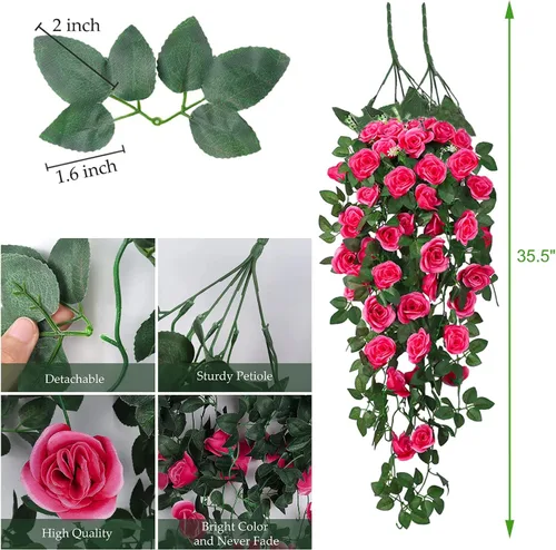 Vista 2 de Flores colgantes artificiales falsas, rosas colgantes, plantas colgantes de vid para porche, pared de alero, hogar, habitación, jardín, oficina