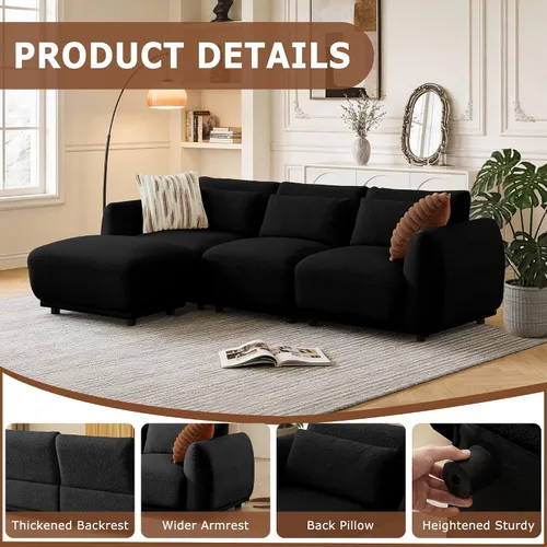 Vista 3 de Sofá seccional modular en forma de L con otomana extraíble, sofá convertible tipo nube para sala de estar, sofá pequeño cómodo para espacios Negro