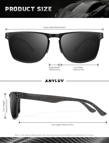 Vista 6 de ANYLUV Gafas de sol polarizadas para hombre, lentes de sol de lujo con patillas de fibra de carbono para hombres, estilo rectangular, protección UV