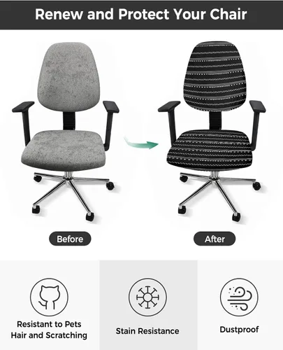 Vista 2 de Funda para silla de oficina, estilo bohemio, color blanco y negro, elástica, universal, para silla de computadora, diseño de rayas geométricas