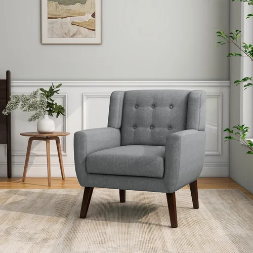 Vista 40 de Accent Chair Set of 1, Comfy Reading Armchair, Beige Linen Blend, Tufted Button Backrest, Solid Wood Frame, Upholstered Club Single Sofa Chairs