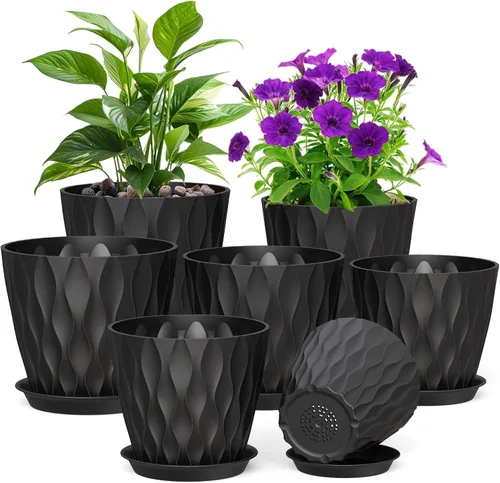Vista 13 de Meowell Macetas pequeñas de plástico de 4 pulgadas, macetas de plántulas, juego de 5 macetas de ondas de agua para plantas de interior, macetas